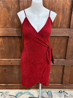 Xtraordinary Red Glitter Wrap Mini Dress with Side Tie
